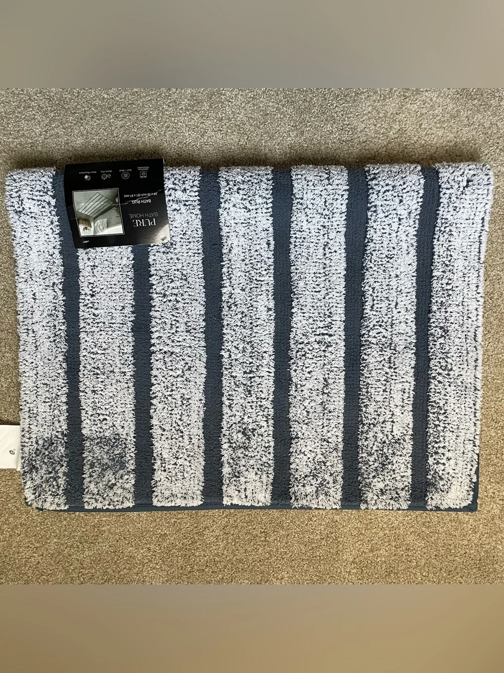 Navy and White Striped Plush Bath Rug